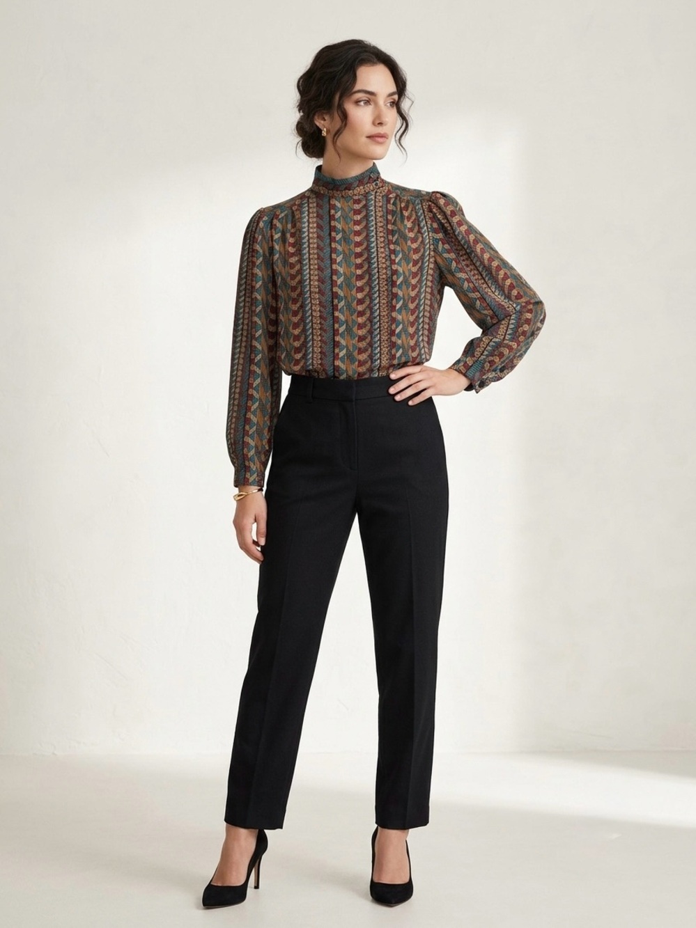 Vintage 80s Regina Porter Geometric Chevron Mock Neck Blouse Hidden Placket Sz 4 - Picture 2 of 16
